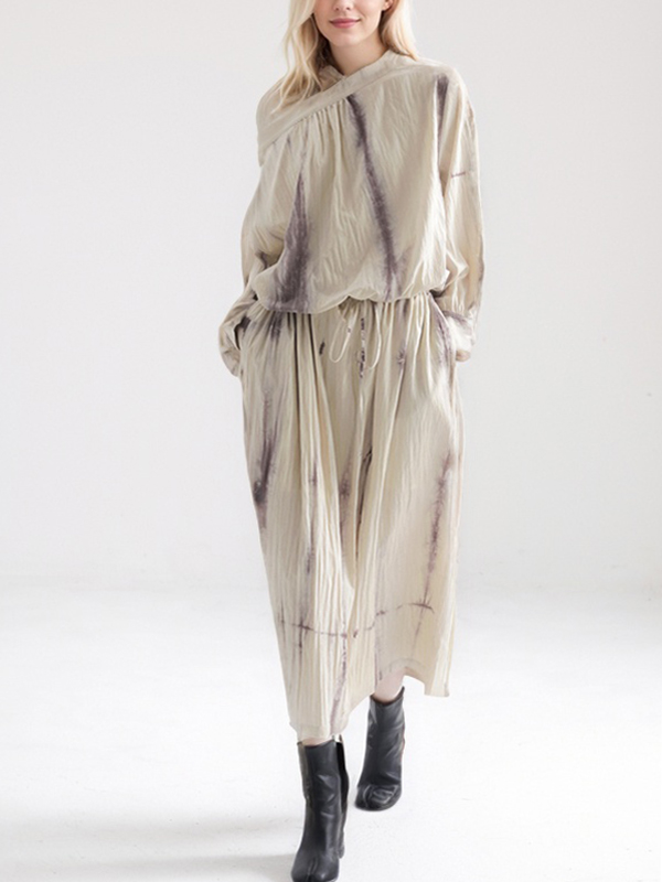 Long Sleeve Top Elastic Waist Skirt Cotton Linen Two Piece Set