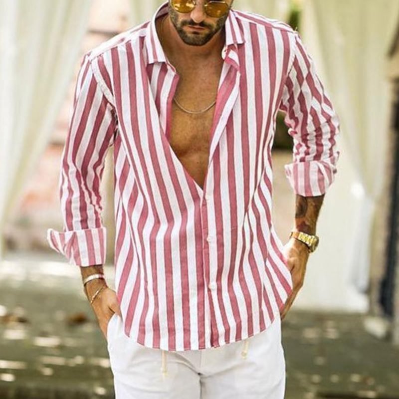 Striped Men's Streetwear Casual Long Sleeve Shirts-VESSFUL