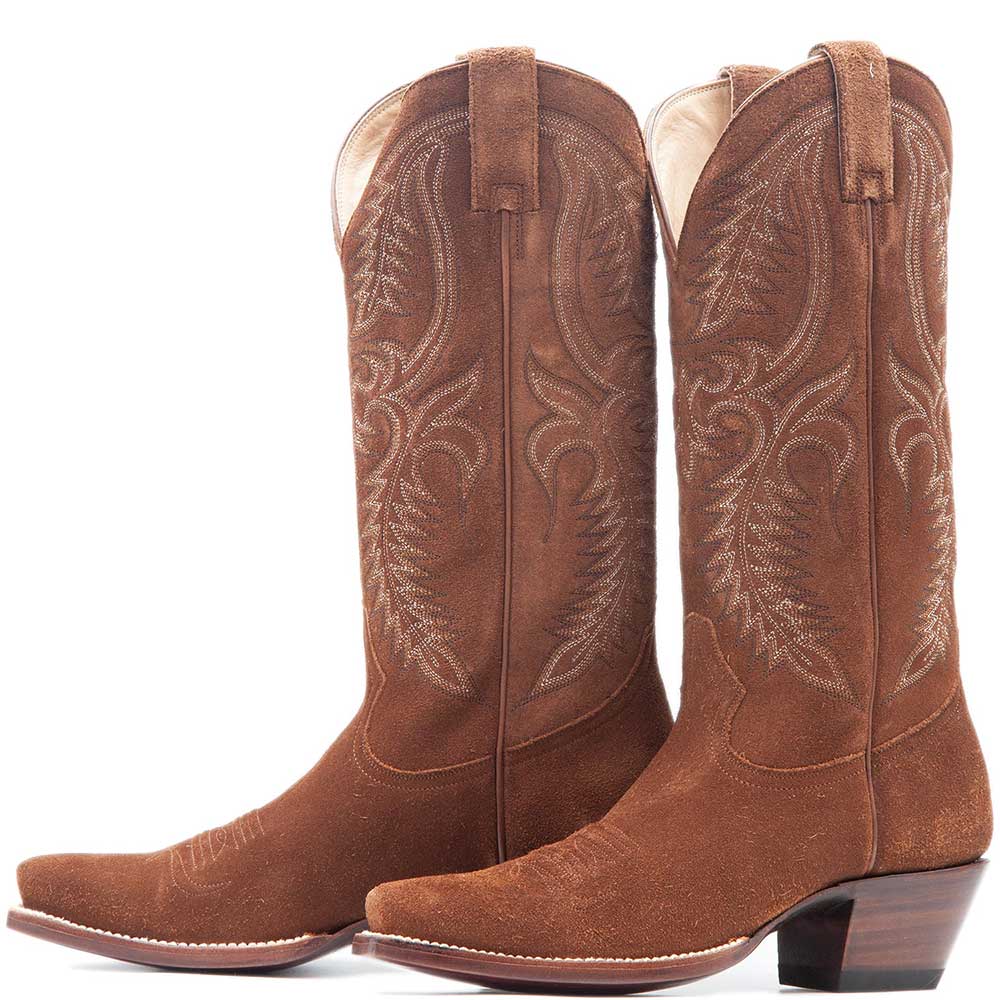 Brown Feather Stitching Snip Toe Chunky Heel Knee-High Cowgirl Boots Nicepairs