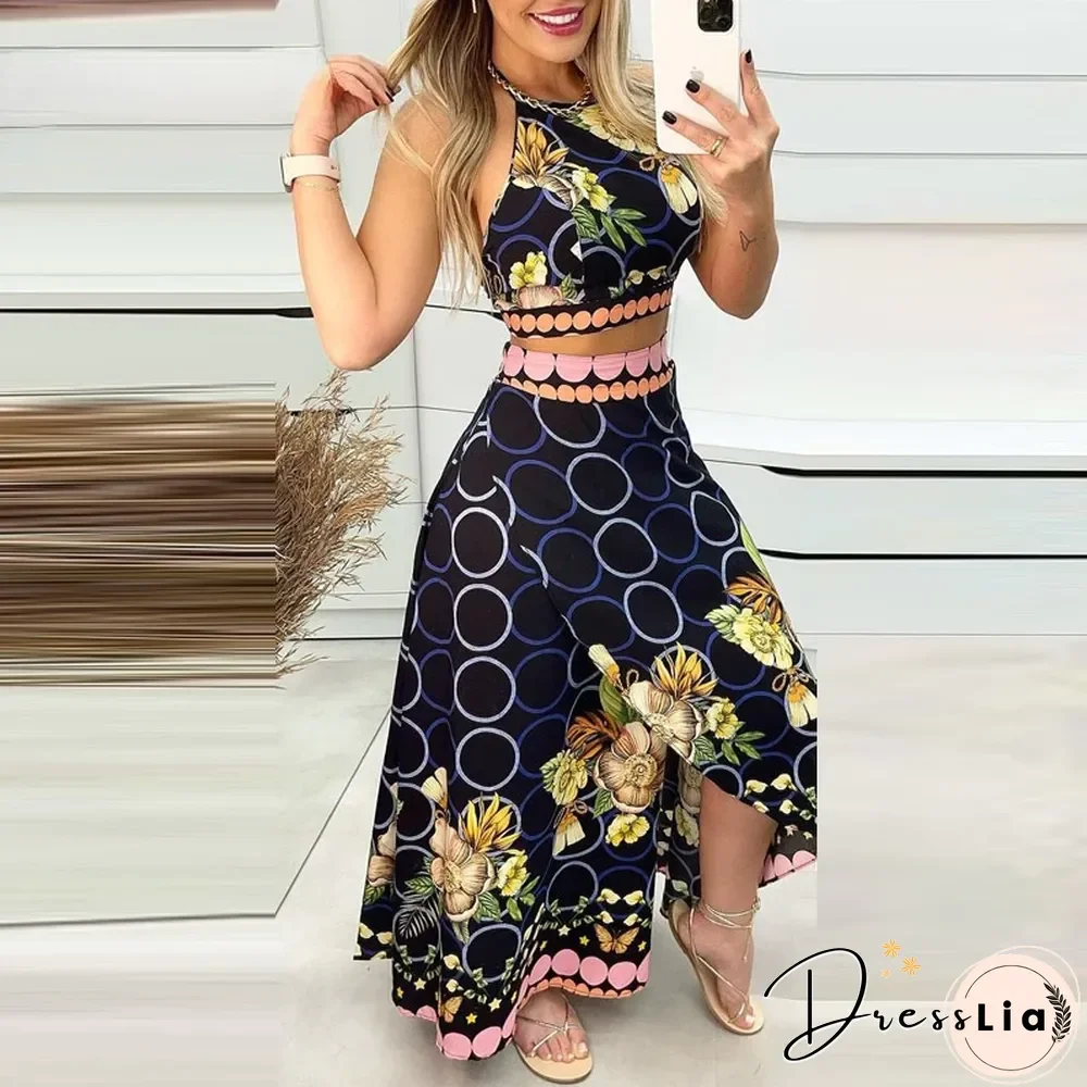 New Ladies Casual Floral Print Halter Neck Lace Short Top + High Slit Skirt Long Skirt Suit