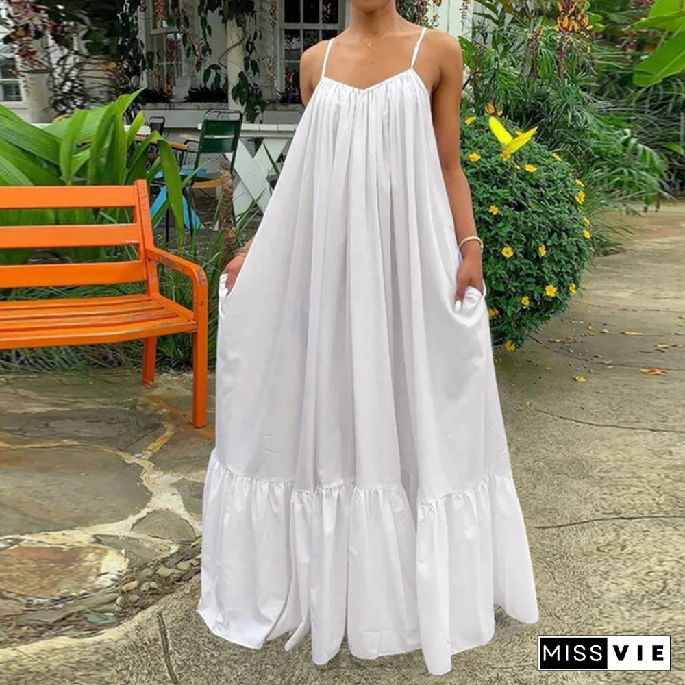 New Women Camisole Oversized Fashion Casual Sleeveless Maxi Dresses Strap Dress Backless Big Swing Floor-Length Robe