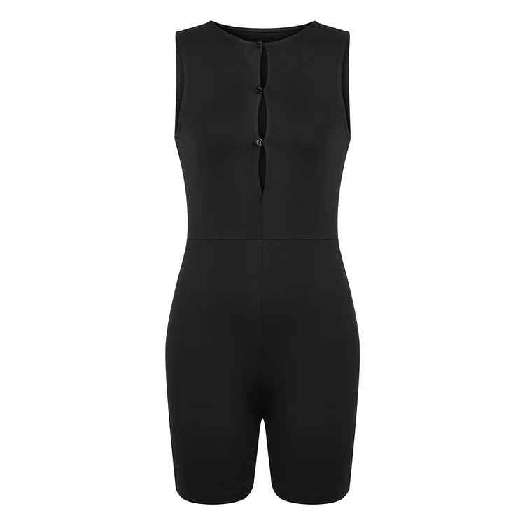 Playsuits Women Solid Color Sleeveless Round Collar Short Jumpsuit Black Hollow Out Tight Overalls Summer Slim Playsuit