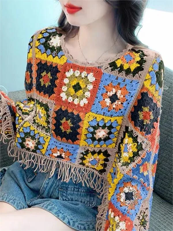 Tops Crochet Tasseled And Embroidered With Round-Neck