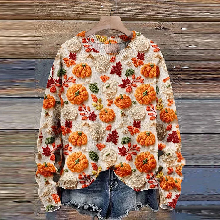 Pumpkin Maple Leaves Autumn Season Halloween Art Print Knit Pullover Sweater