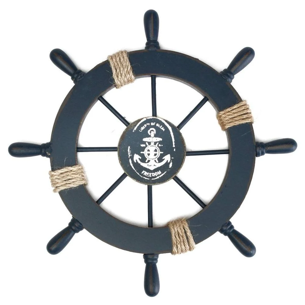 1PC Mediterranean Nautical Wooden Boat Ship Wheel Helm Home Wall Party Decoration (Dark Blue)