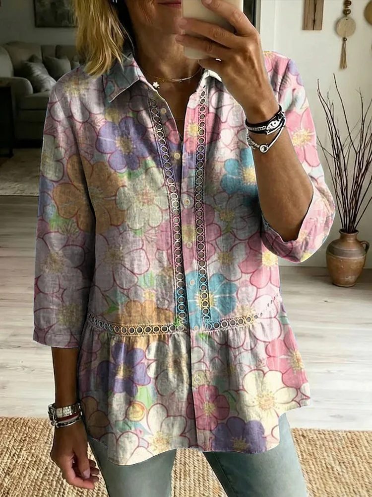 Floral Flowers Art Patterns Casual Patchwork Openwork Webbing Linen And Cotton Shirt