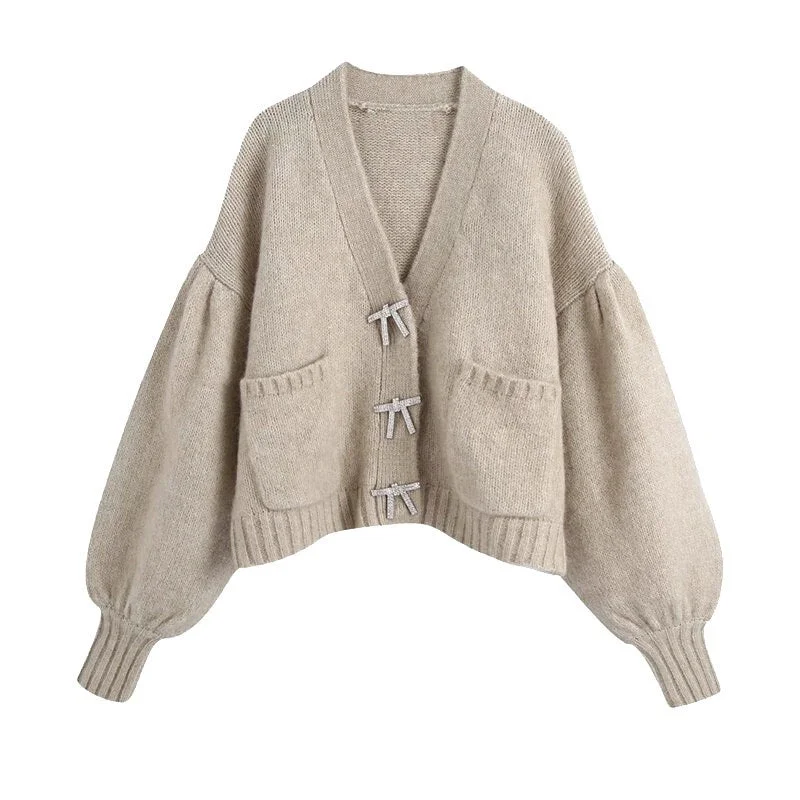 TRAF Women Fashion With Rhinestone Buttons Knitted Cardigan Sweater Vintage Long Sleeve Loose Female Outerwear Chic Tops