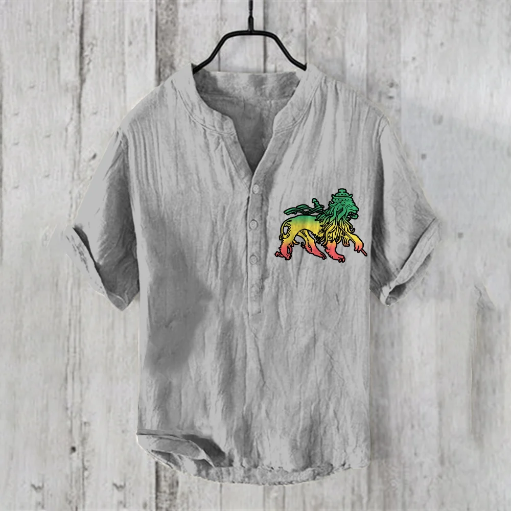 Men's Gradient Lion Reggae Art  Linen Blend Shirt