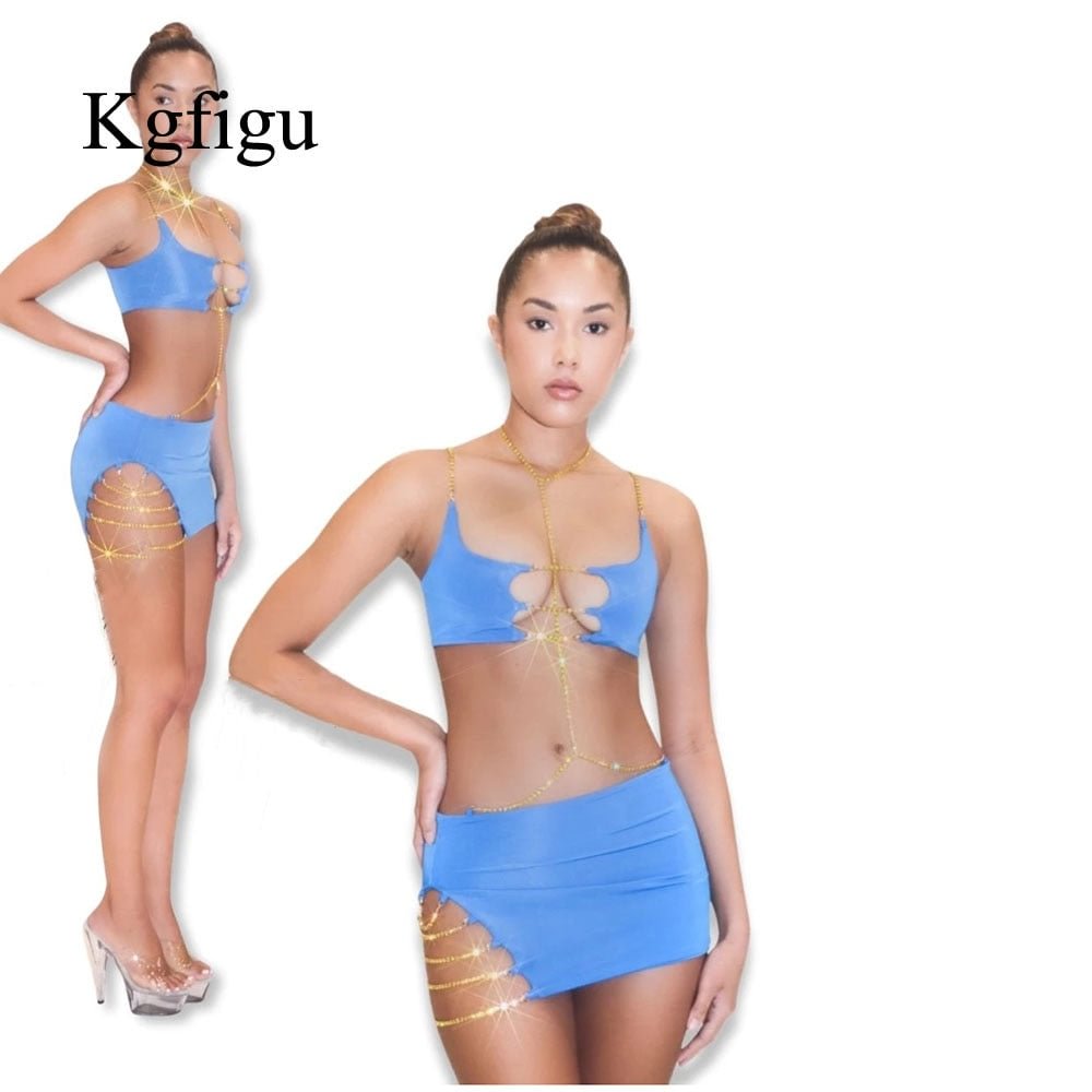 KGFIGU Two Piece Sets Women 2021 Summer Ladies Strap-Wrapped Top And Mini Skirt Elegant Solid Color Sexy Skirt Suit