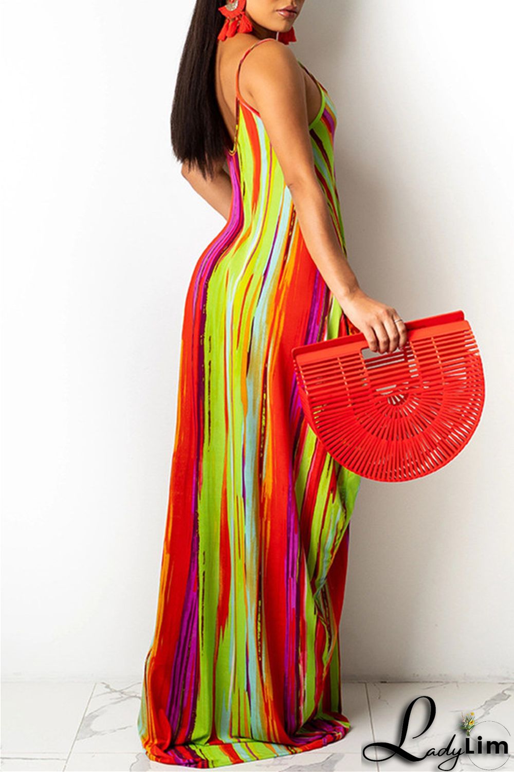 Red Fashion Sexy Print Backless Spaghetti Strap Long Dress