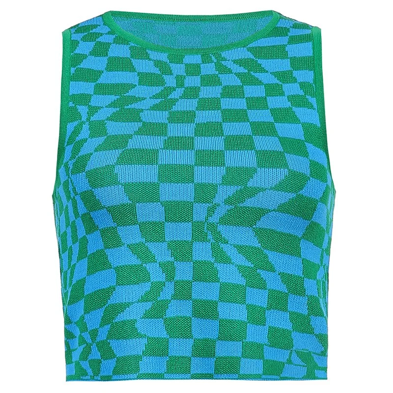 HEYounGIRL Plaid Knitted Crop Tank Tops Women Summer Vintage Sleeveless Cropped Top Tees Koreank Casual Knitwear Streetwear