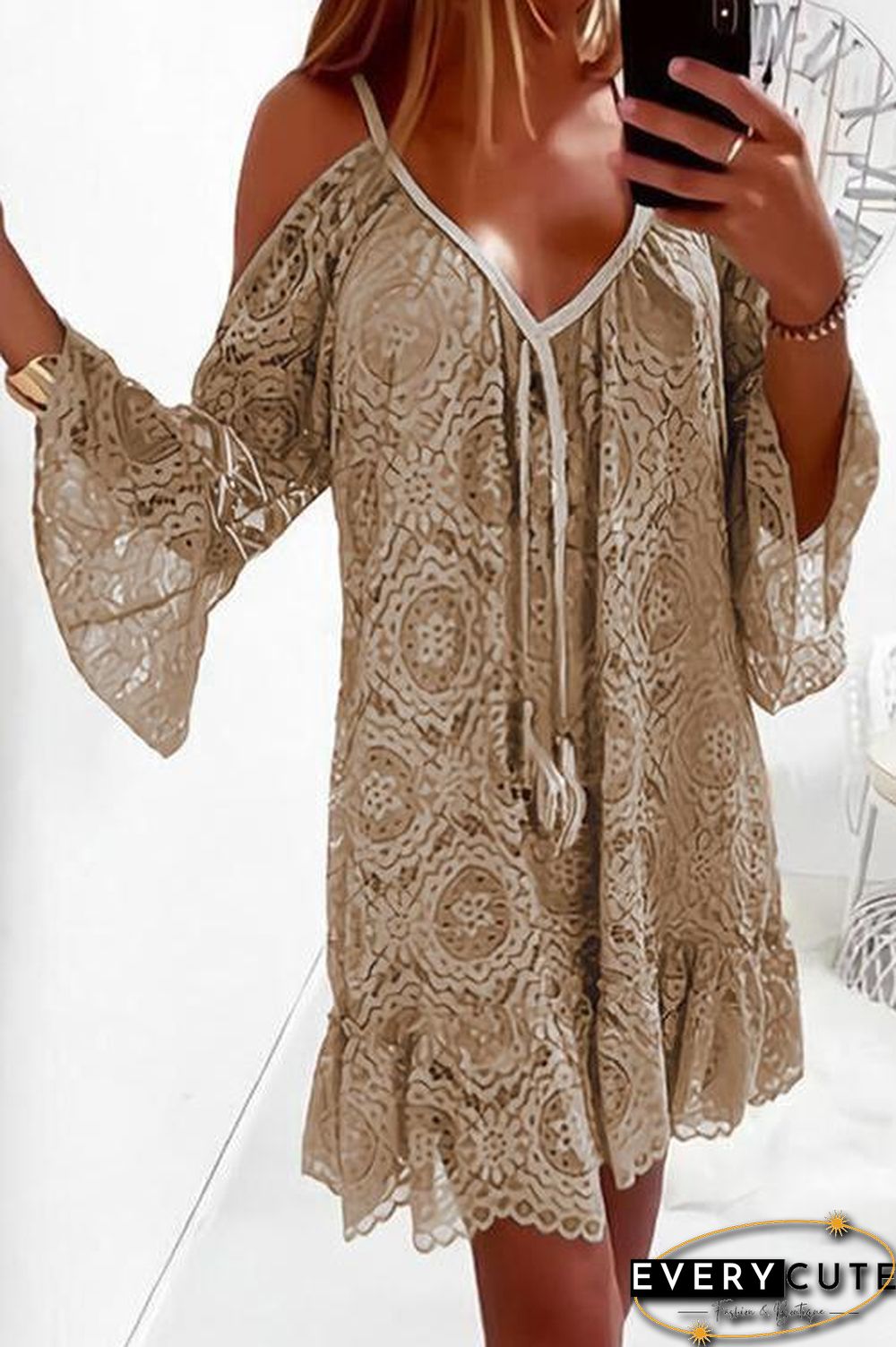 Faux Suede Flared Sleeve Lace Mini Dress