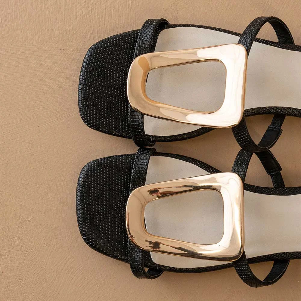 Black Casual Square Toe Buckle Strappy Flat Sandals for Women