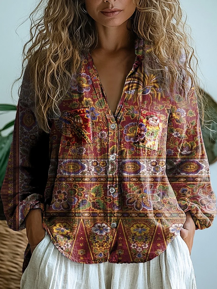 Women's Retro Bohemian Art Print Casual Long Sleeve Comfortable Cotton Shirt