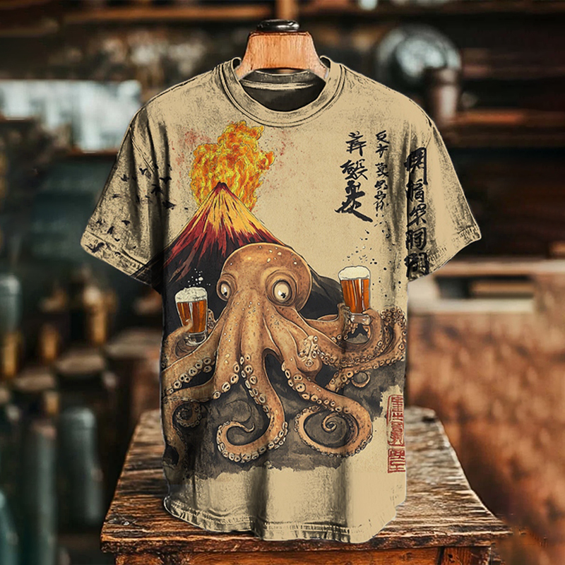 Men's Drunk Octopus Calligraphy Art Print Casual T-shirt  artssus