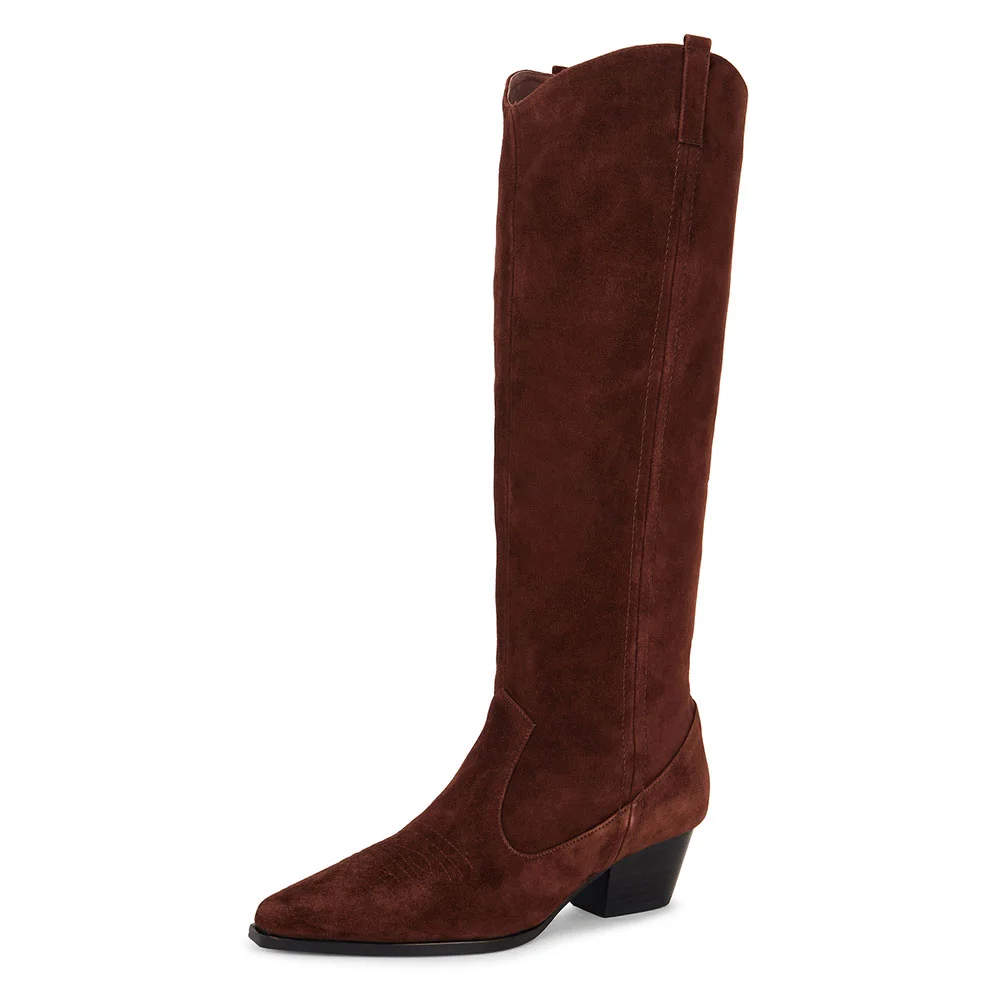 Dark Brown Vegan Suede Pointed Toe Chunky Heel Knee High Cowgirl Boots