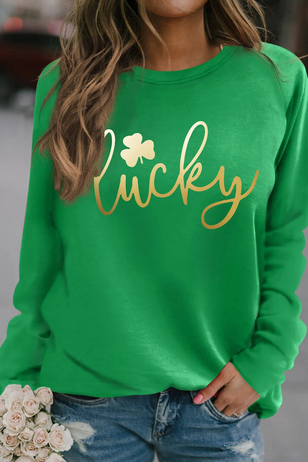 Green Lucky Glitter Graphic Raglan Sleeve Pullover Sweatshirt | IFYHOME