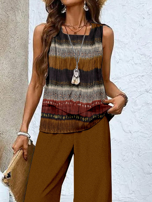 Women's Sleeveless Square Collar Graphic Printed Casual Set
