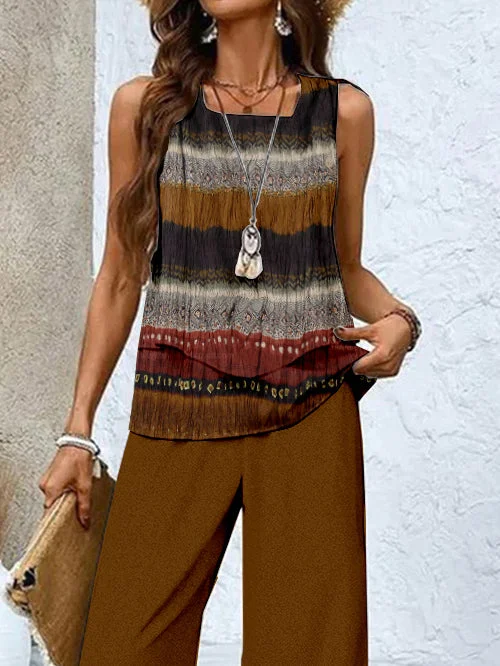 Women's Sleeveless Square Collar Graphic Printed Casual Set