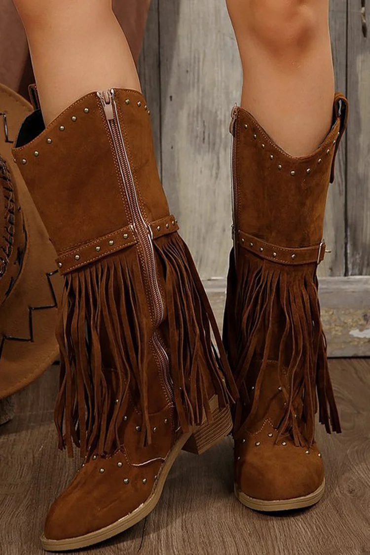 Vintage Black Chunky Heel Tassel Rivet Decor Zipper V-Cut Boots 2024 - Xpluswear
