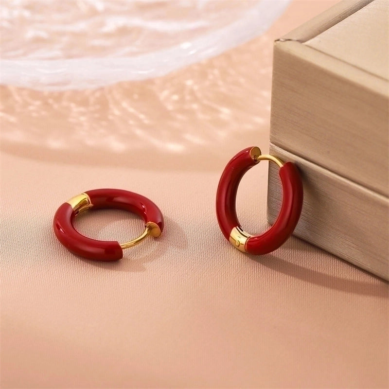 1 Pair Minimalist Circle Enamel Plating Stainless Steel Titanium Steel 18K Gold Plated Earrings