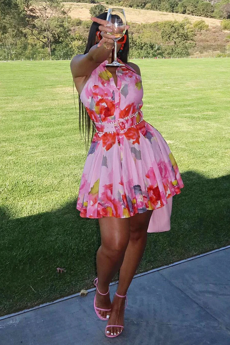 Lapel Collar Backless Print Vacation A-Line Mini Dresses-Pink [Pre Order]