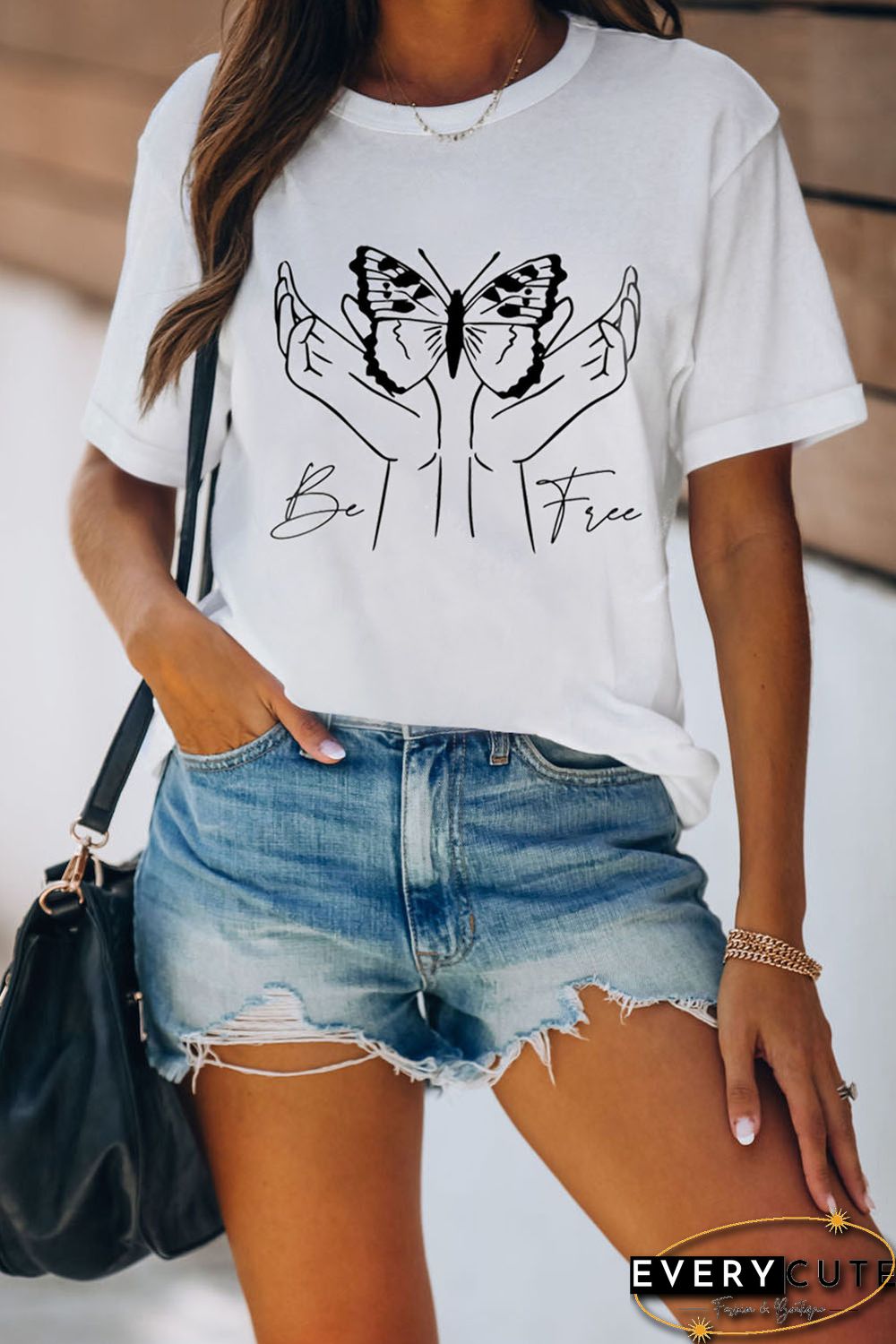 White Be Free Gesture Butterfly Print Short Sleeve Graphic Tee