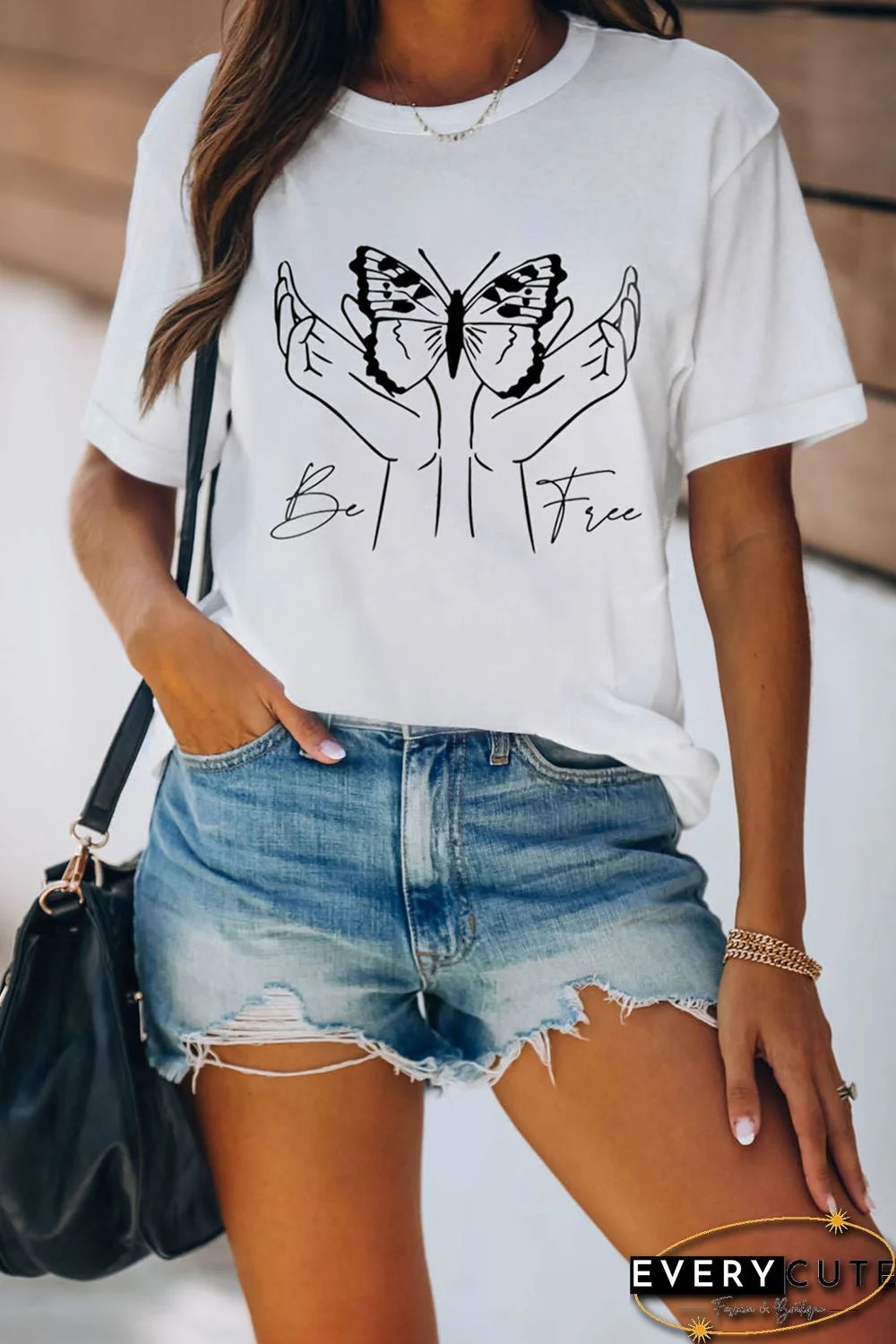 White Be Free Gesture Butterfly Print Short Sleeve Graphic Tee