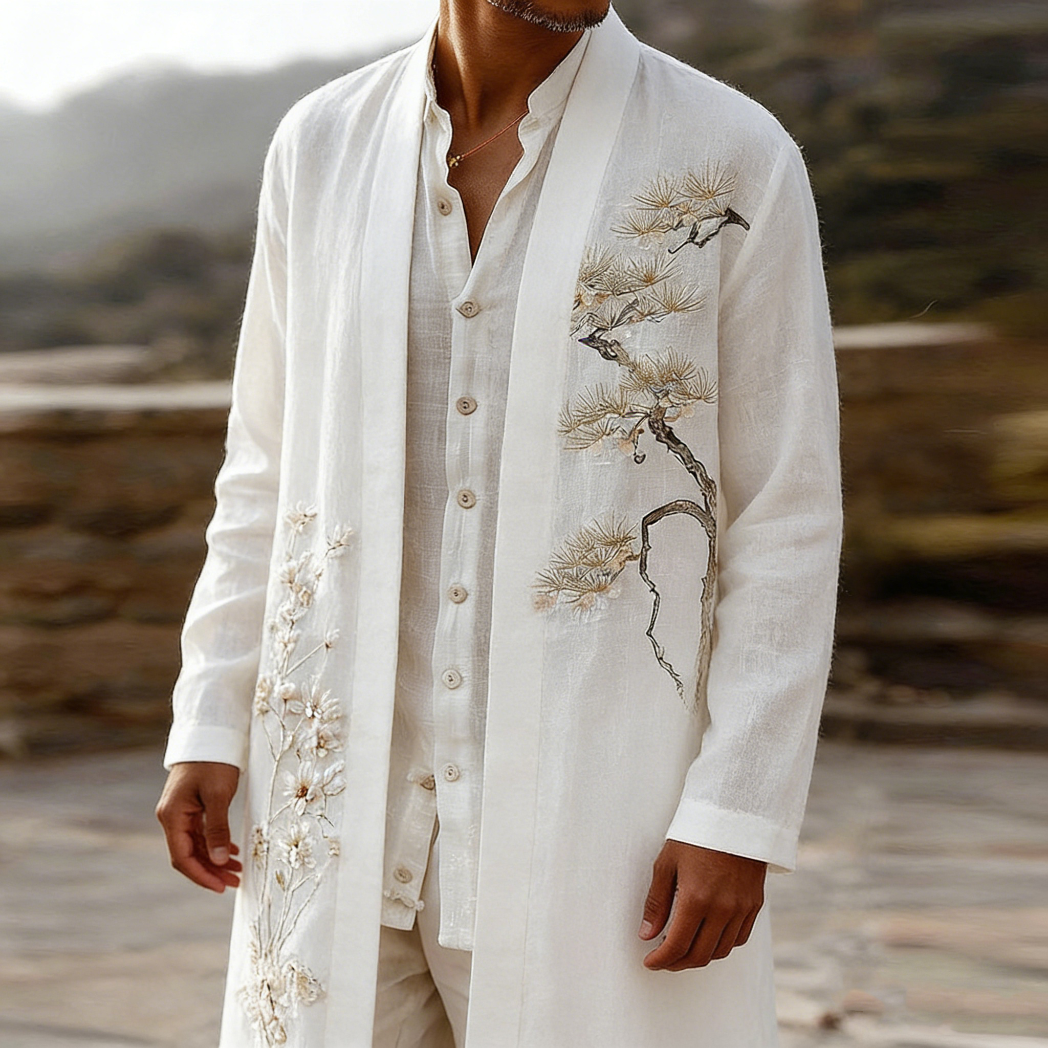 Men's Japanese-style Cherry Blossom Art Long Kimono  artssus