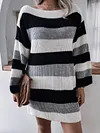 Off-The-Shoulder Contrast Color Striped Loose Long Sleeve Sweater Mini Dress