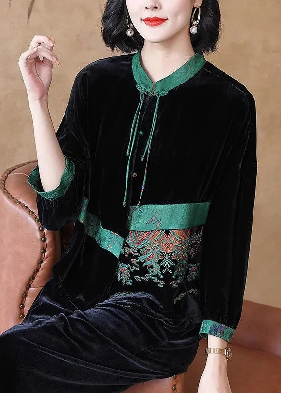 Loose Black Embroidered Button Silk Velour Top Long Sleeve