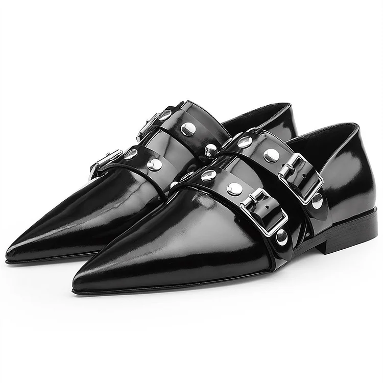 Black Pointy Toe Buckles Studs Loafers for Women |FSJ Shoes