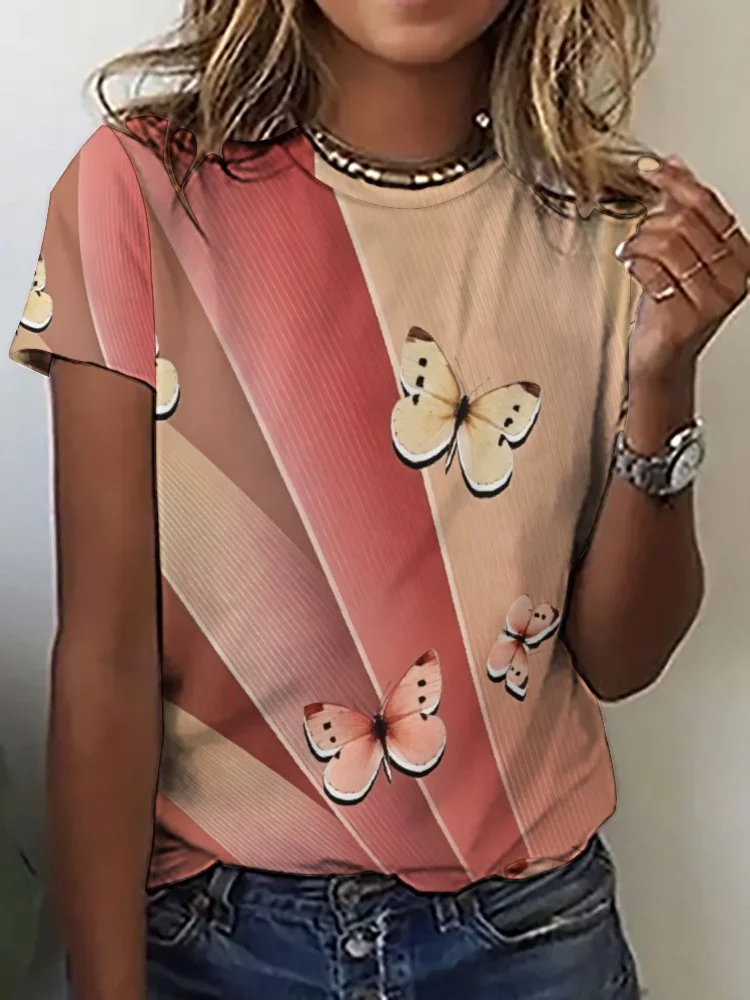 Printed Short Sleeve Casual T-shirt for  Women and Men Unisex Pattern Pink, Butterfly, Texture