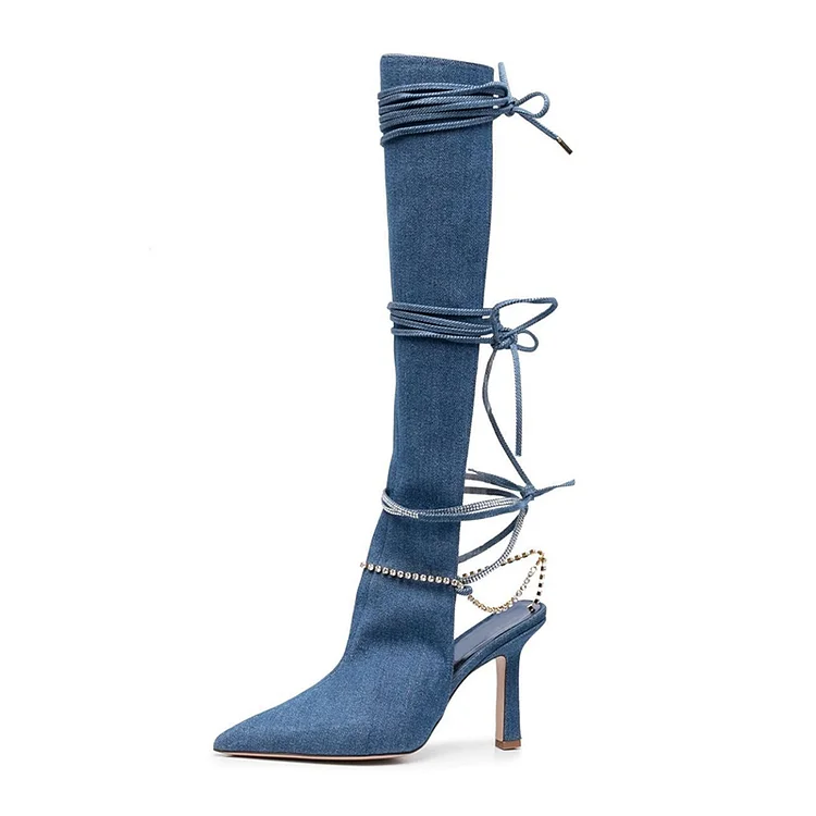 Women's Blue Pointed Toe Lace Up Knee Denim Boots with Stiletto Heels |FSJ Shoes