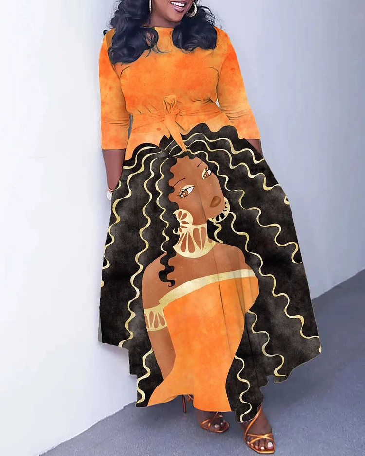 Curly Wavy Girl Long Sleeve Pockets Maxi Dress