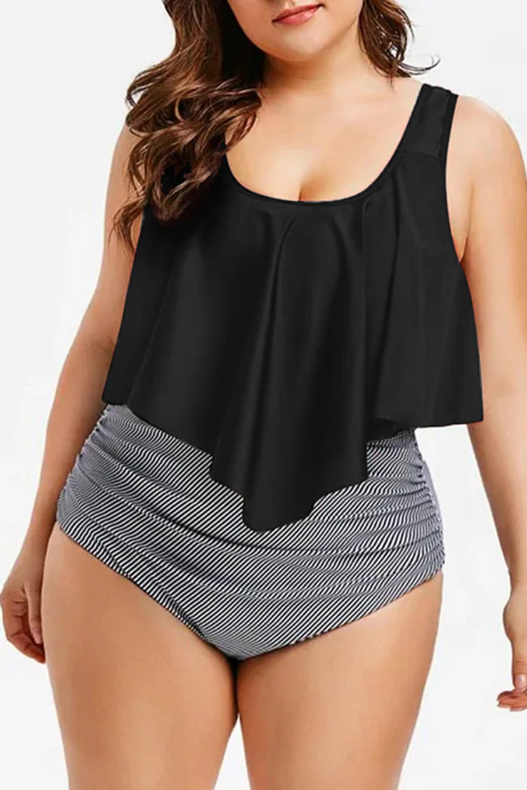 Plus Size Beach Black Striped Print Ruffle Two Pieces Swimwear  Flycurvy [product_label]