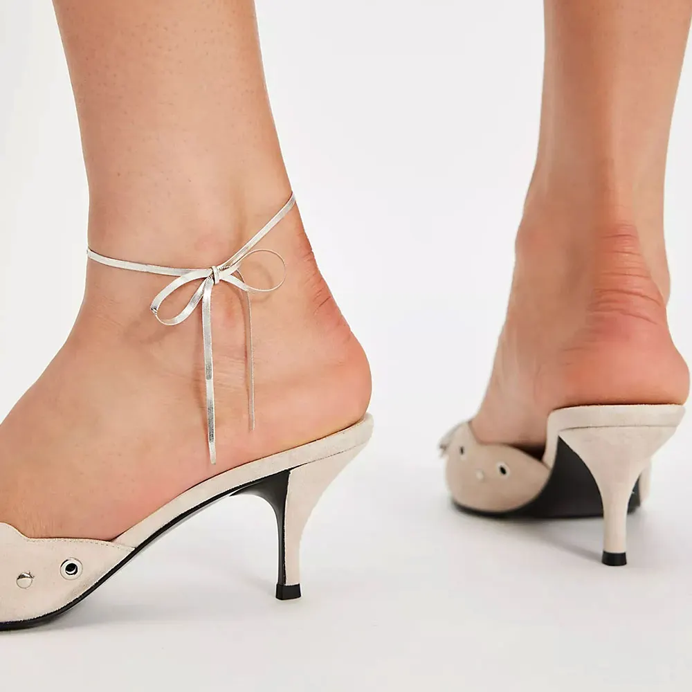 Beige Pointed Toe Stiletto Heel Studded Grommet Mules Shoes with Bow