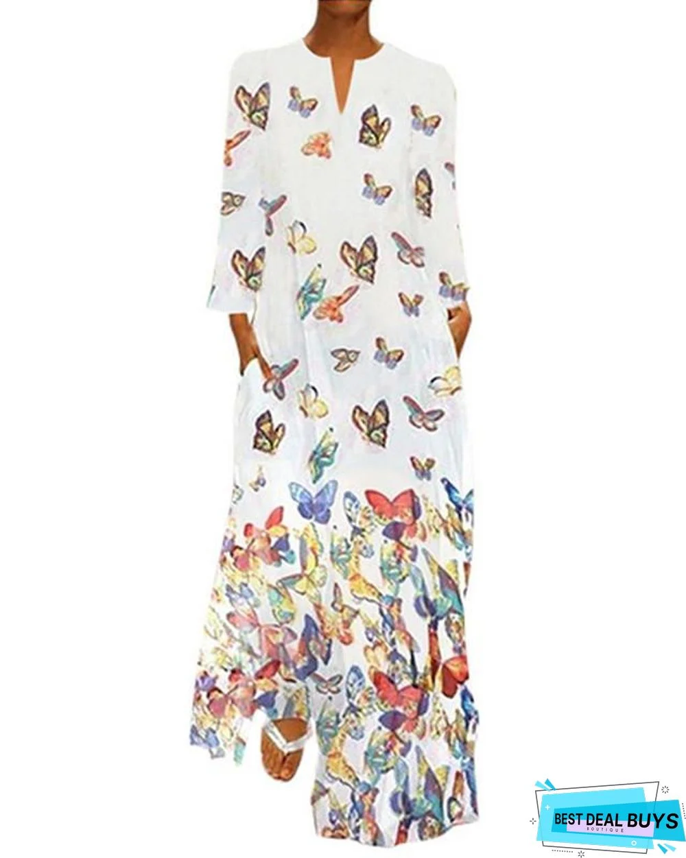 Women's Shift Dress Maxi Long Dress - Long Sleeve Butterfly Spring Fall Hot Loose White Yellow Blushing Pink Light Blue