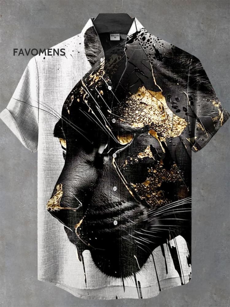 Vintage Black Panther Abstract Art Print Casual 100% Cotton Shirt Multicolor / S