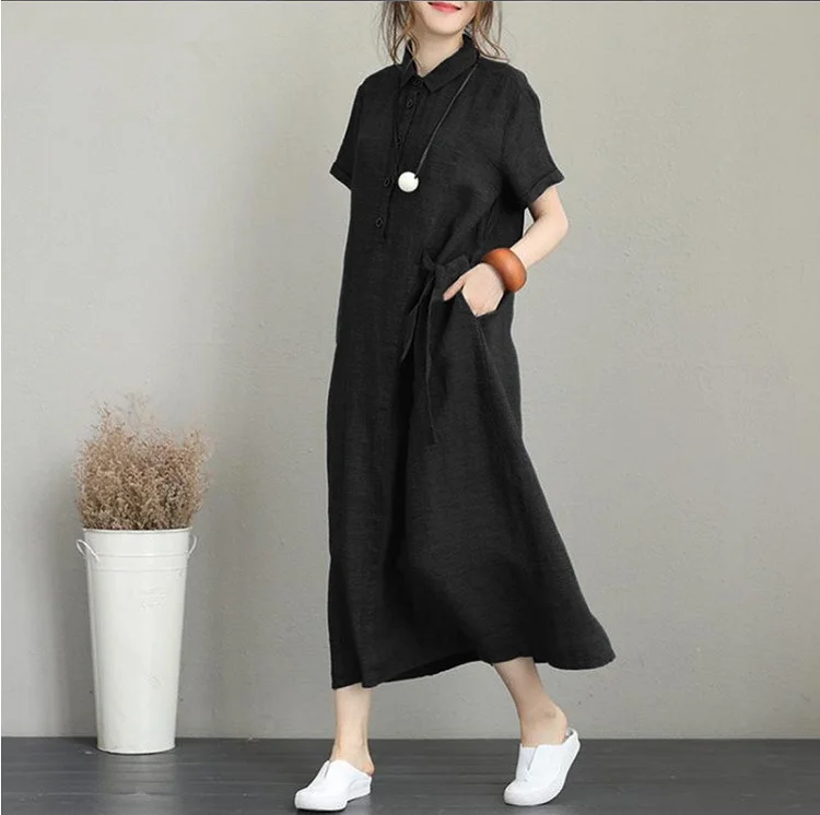 Women Cotton Linen O-Neck Loose Midi Dress