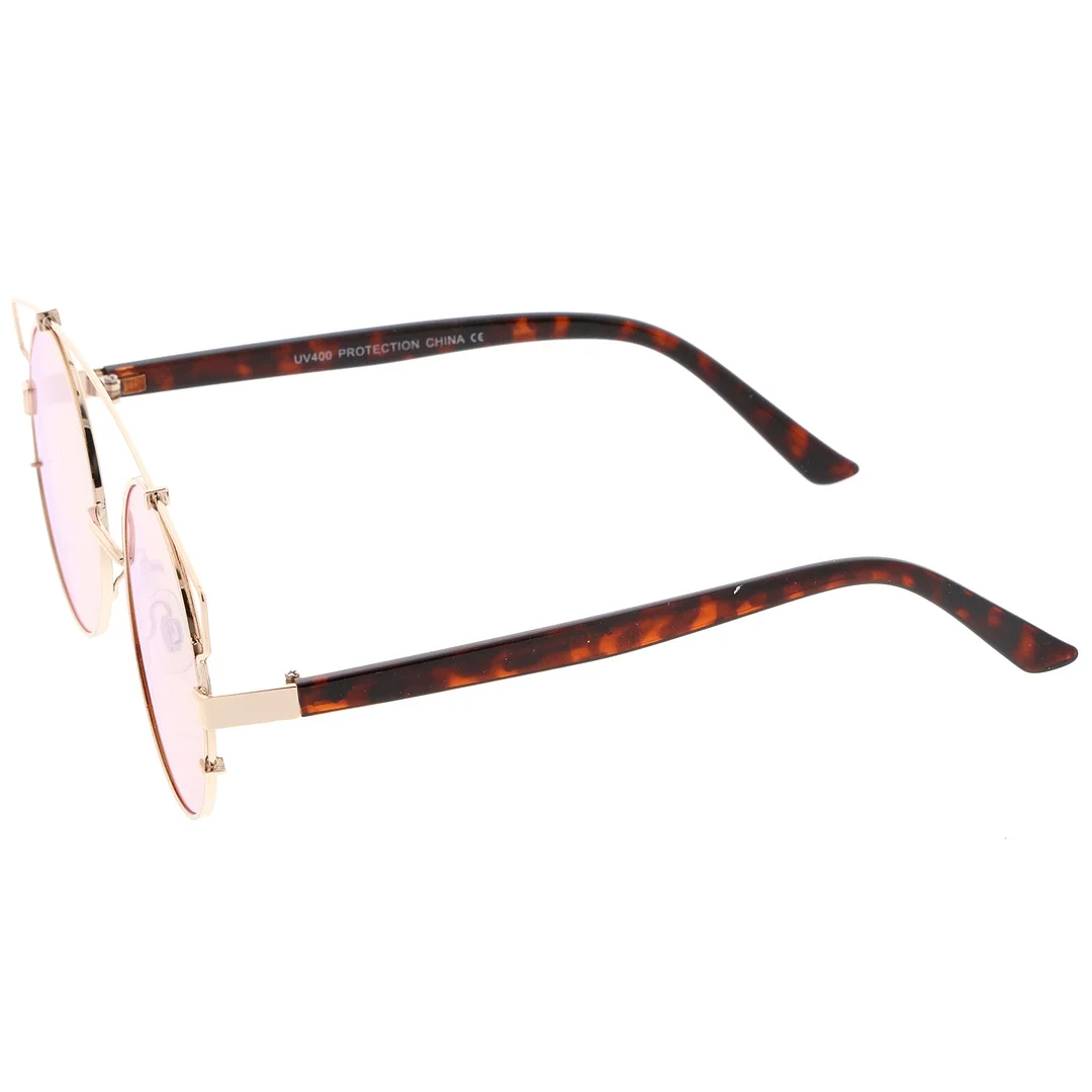 Midsize Metal Frame Horn Rimmed Crossbar Mirror Flat Lens Round glasses 53mm