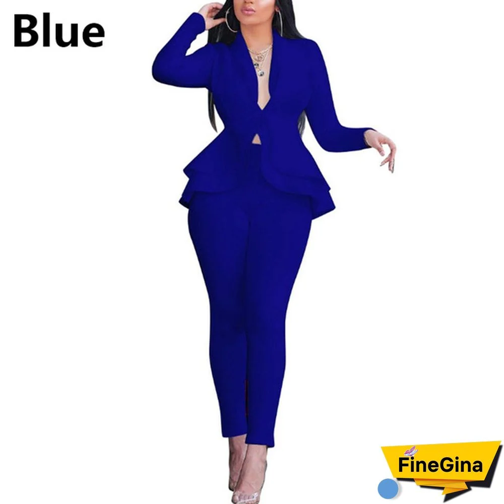 Women's Formal Office Outfits Work Blazer Business Jacket Pants Ruffle Suit Set Solid Color