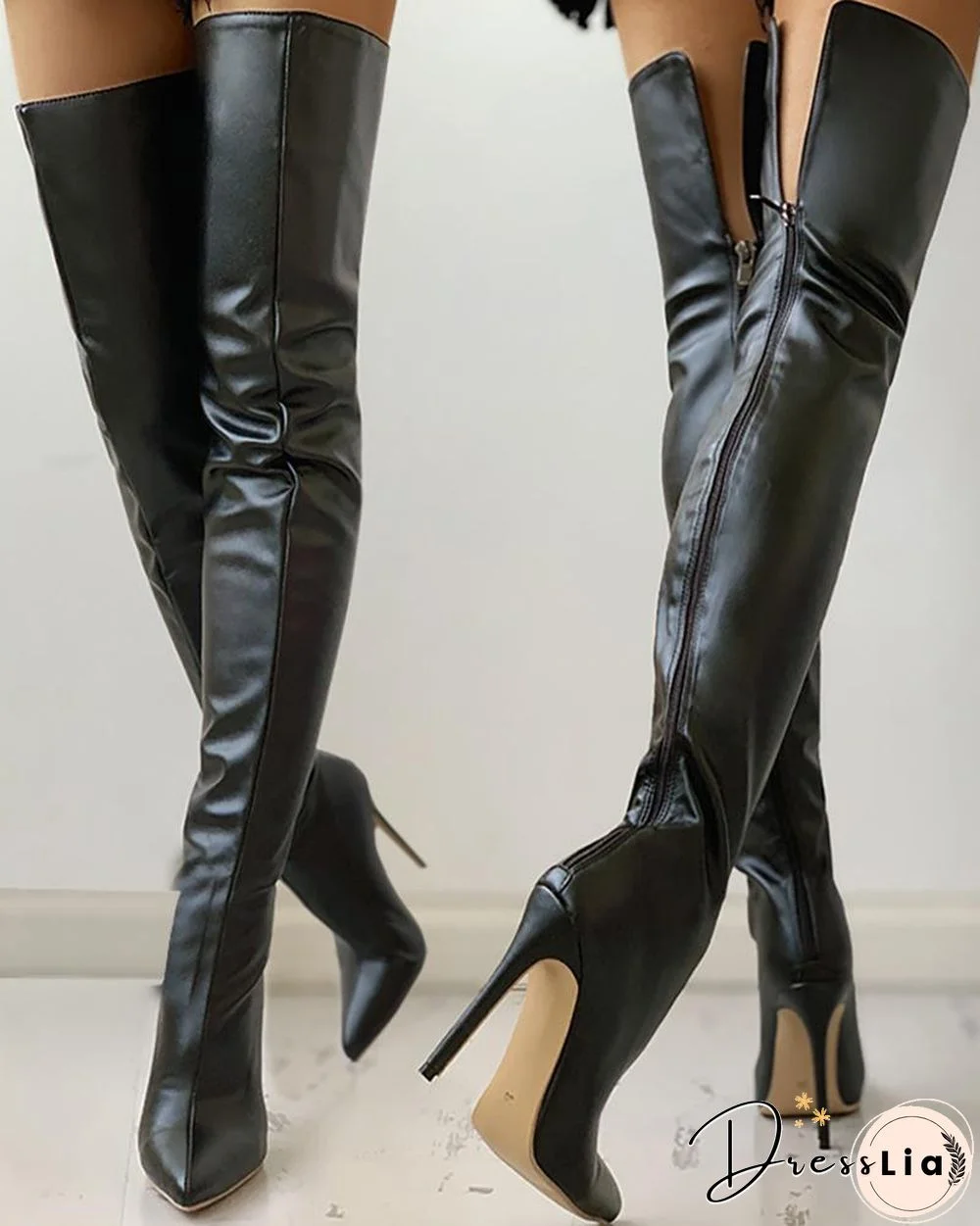 PU Zippper Thin Heeled Long Boots