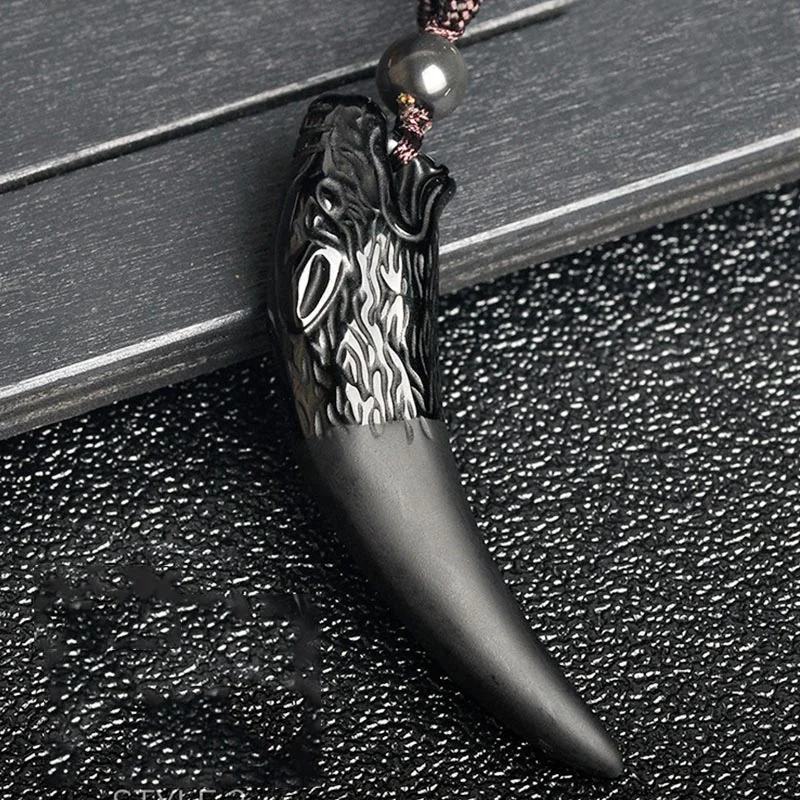 Natural Black Obsidian Ice Obsidian Rainbow Obsidian Wolf Tooth Pattern Strength Necklace Pendant