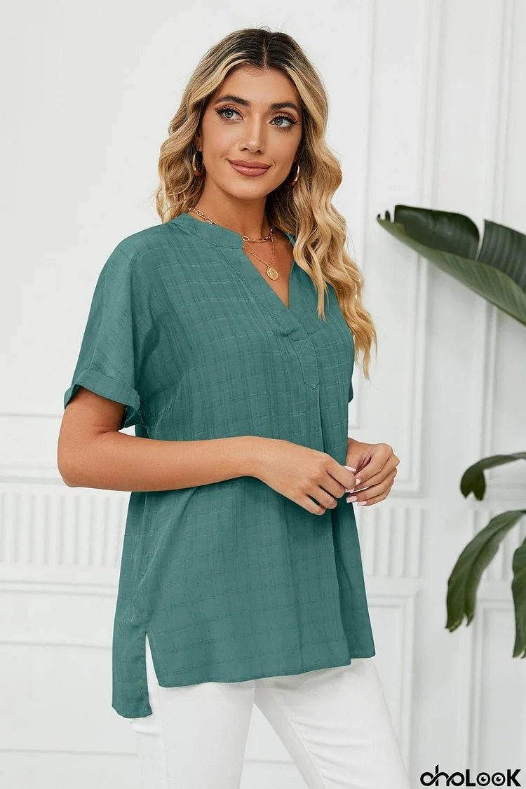 Side Slit Notched Neck Cuffed Short Sleeve Blouse