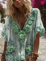 Vintage Pink Rose Embroidery Linen Short Sleeve T-shirt - Image 4