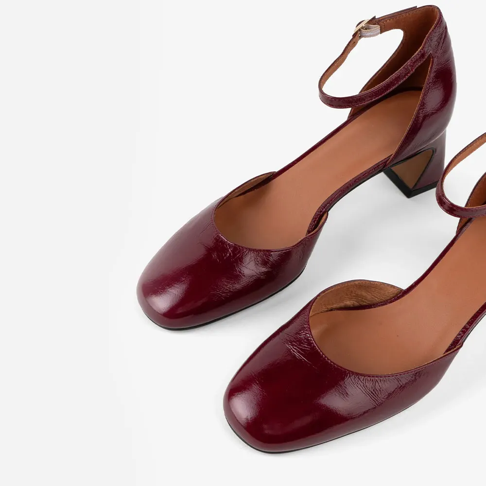 Maroon Faux Leather Square Toe Ankle Strap Heeled Pumps for Women