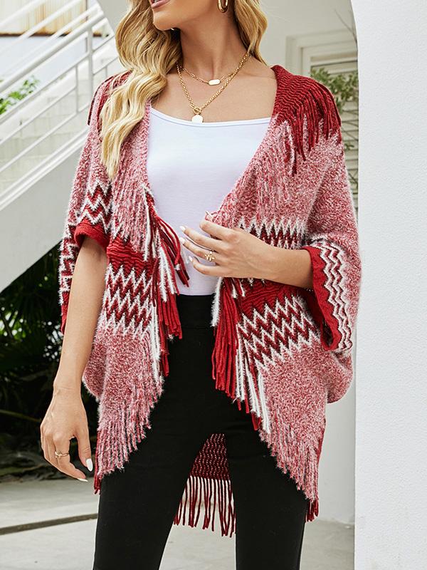 Women's V-neck 3/4 Sleeve Knit Shawl Fringed Hem Colorblock Sweater Top