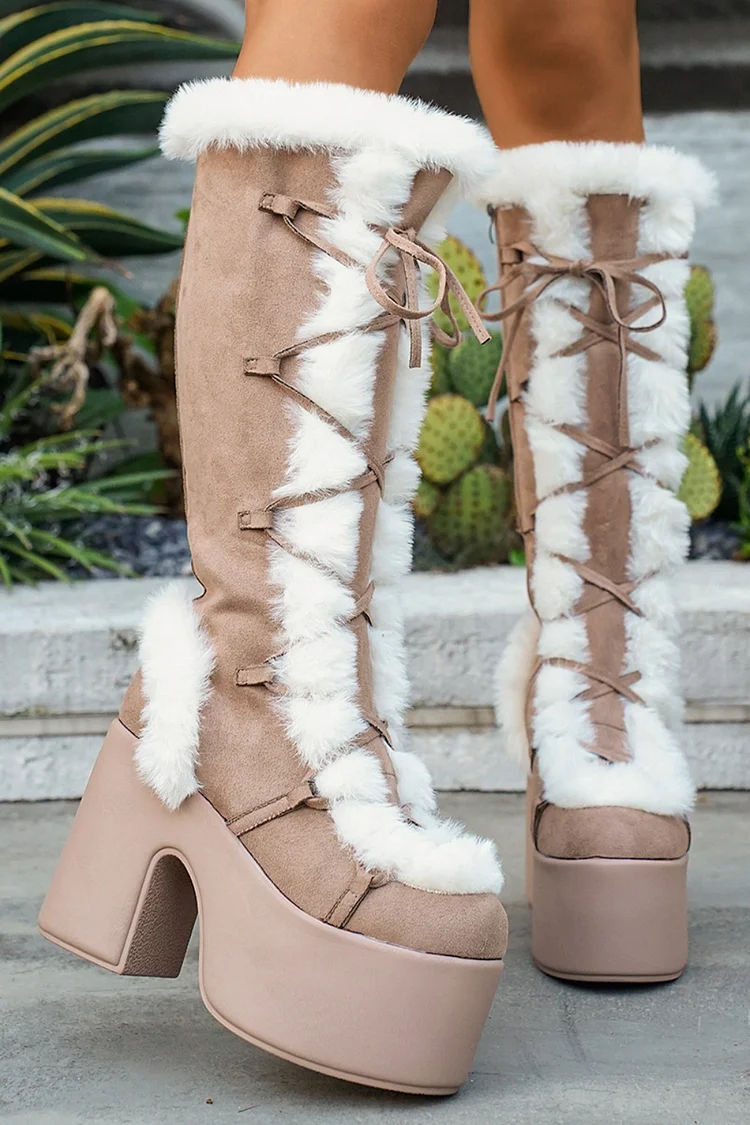 Daily Khaki Faux Fur Patchwork Platform Lace Up Chunky Heel Knee High Boots 2024 - Xpluswear