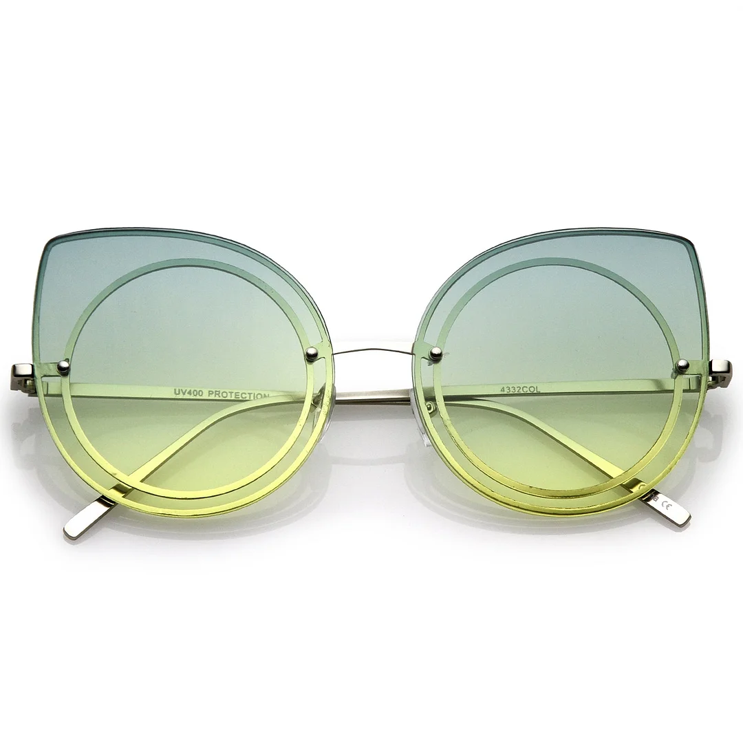 Women's Oversize Rimless Colored Gradient Flat Lens Cat Eye glasses 63mm